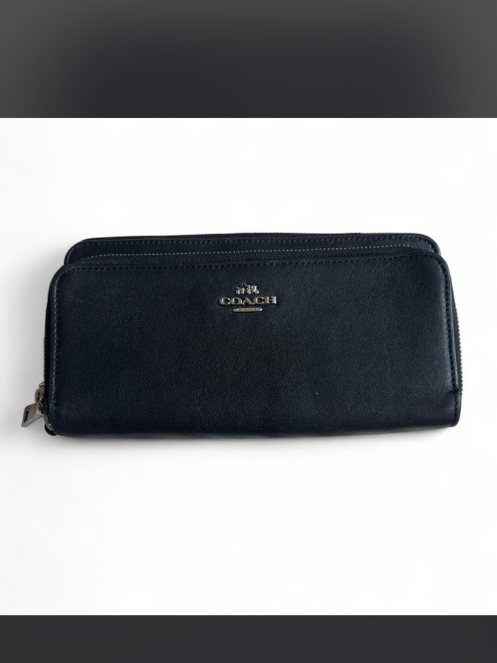 Coach Black Leather Zip Around Wallet with Silver Logo